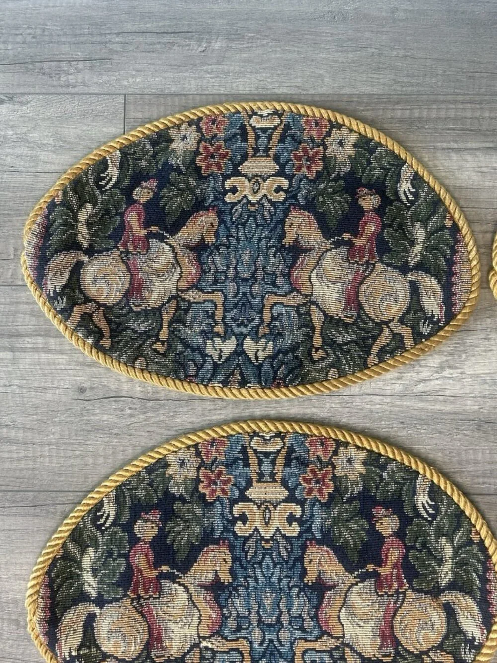 Set 6 Equestrian Horse Tapestry Oval Placemats Gold Cord English Country Vintage